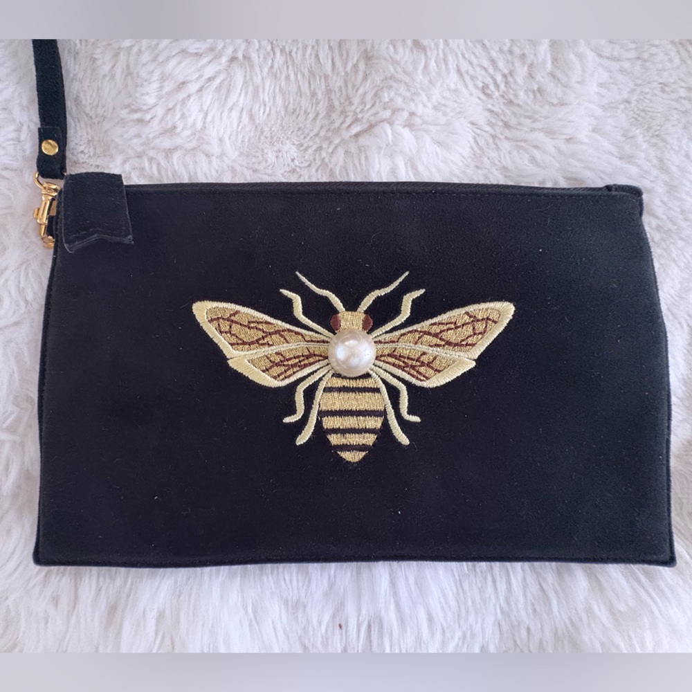 Black Clutch with Embroidered Bee Design